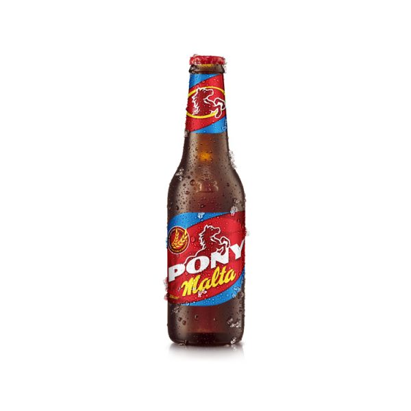 Bebida refrescante Pony Malta en botella de 330 ml. Producto colombiano.
